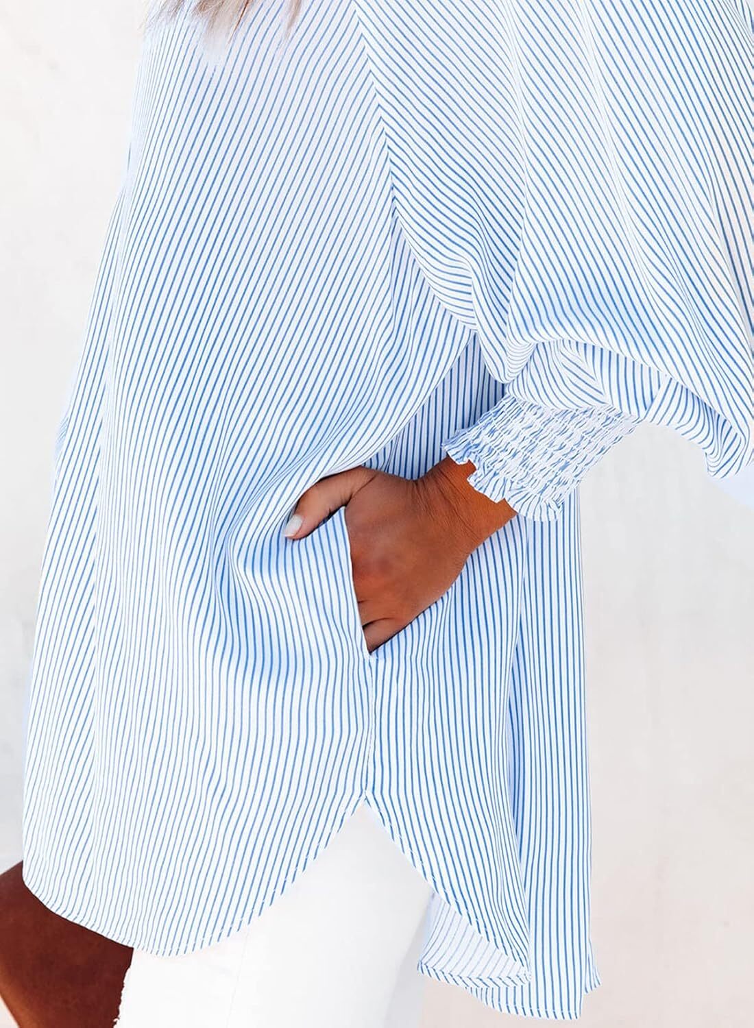 🔥Last day promotion🔥Women's pleated cuffs striped shirt with pockets and casual collar