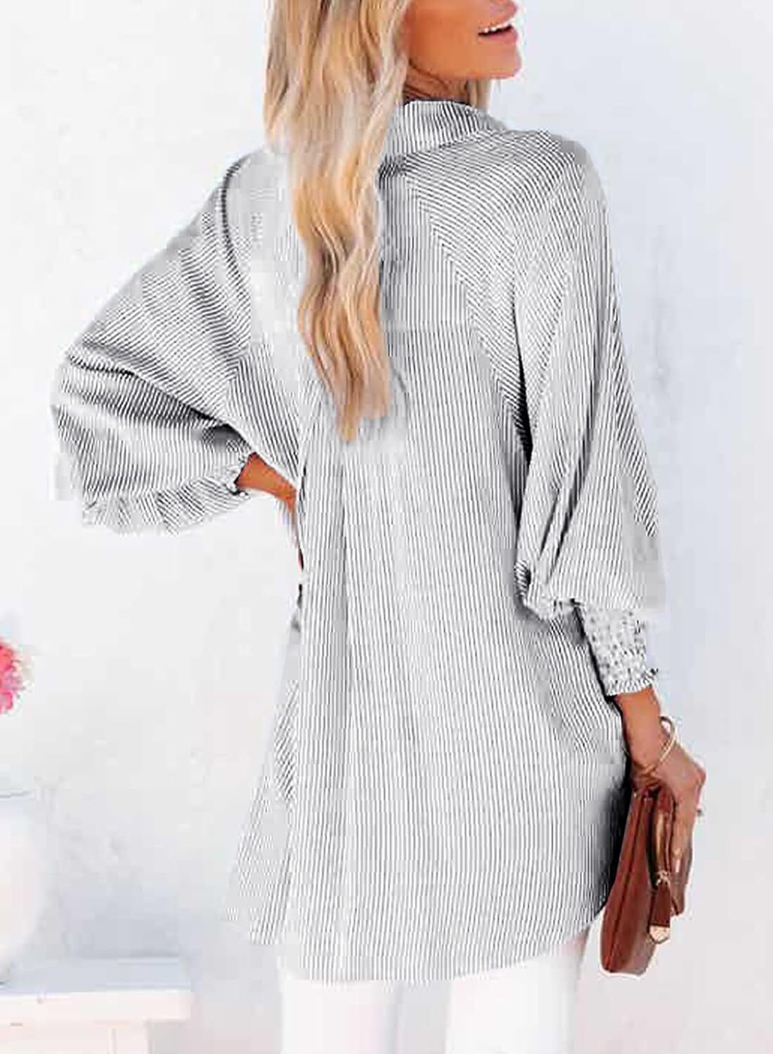 🔥Last day promotion🔥Women's pleated cuffs striped shirt with pockets and casual collar