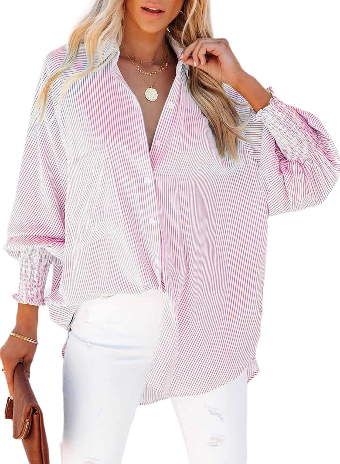 🔥Last day promotion🔥Women's pleated cuffs striped shirt with pockets and casual collar