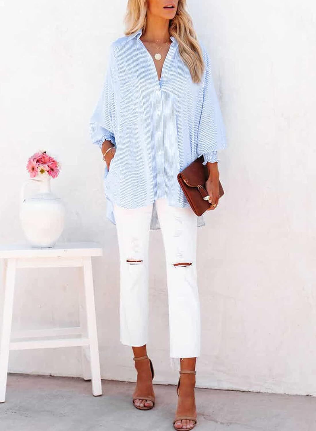 🔥Last day promotion🔥Women's pleated cuffs striped shirt with pockets and casual collar