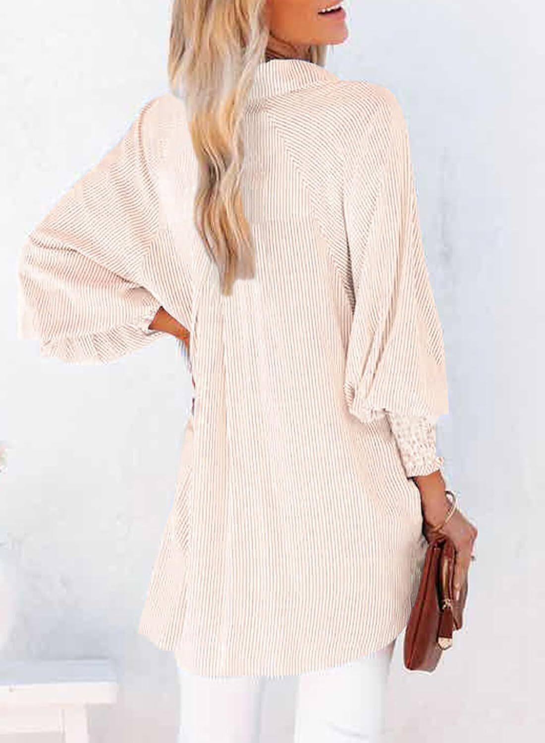 🔥Last day promotion🔥Women's pleated cuffs striped shirt with pockets and casual collar