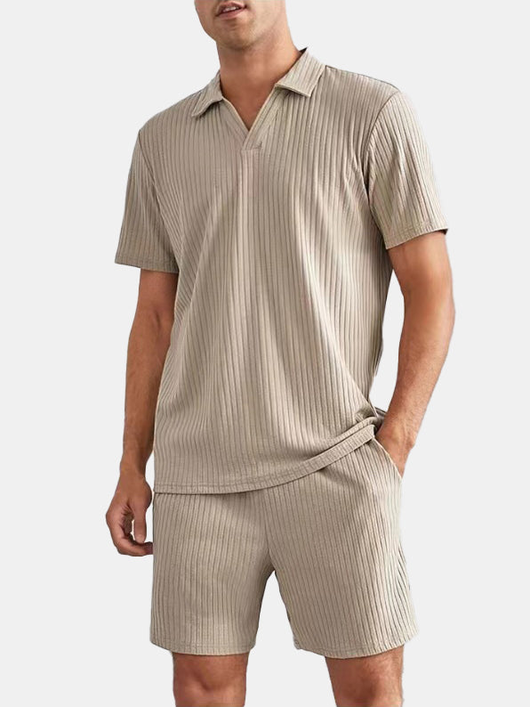 Men's Solid Color Loose Striped Short-sleeved Shorts Polo Suit