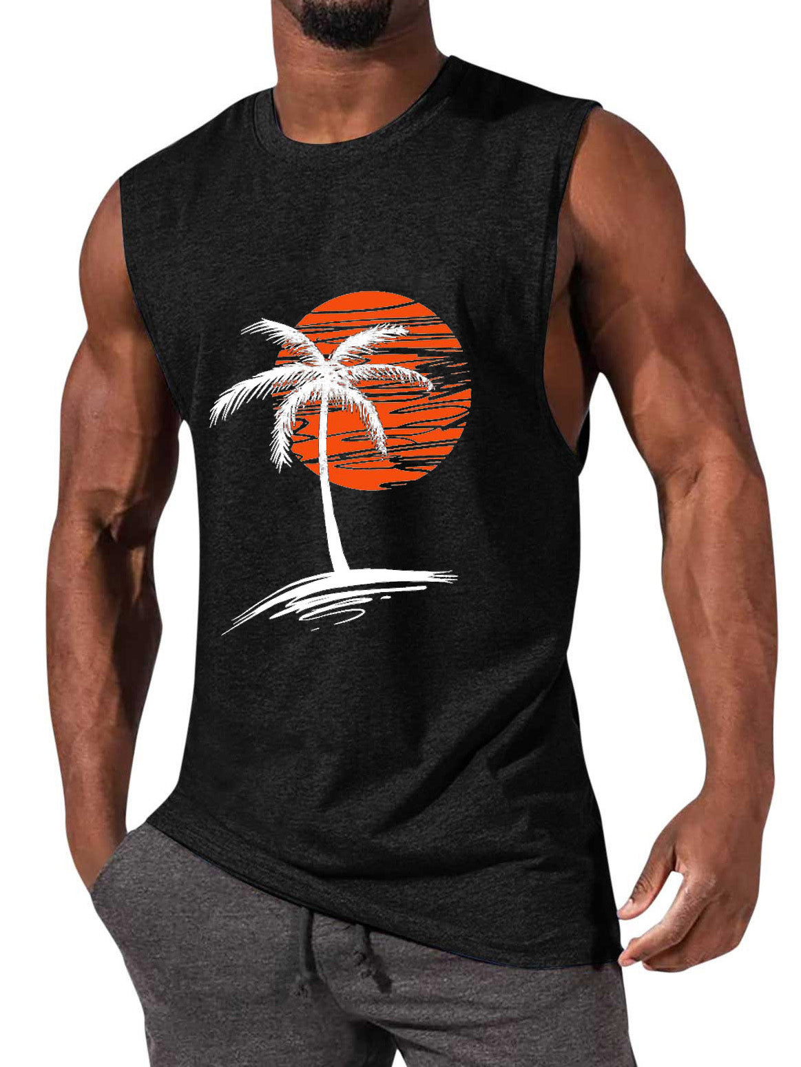 Men's Comfortable Solid Color Hawaiian Coconut Sleeveless Print T-shirt