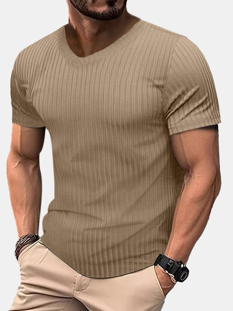 Men's Casual Daily Solid Color V-neck Vertical Strip Short-sleeved T-shirt