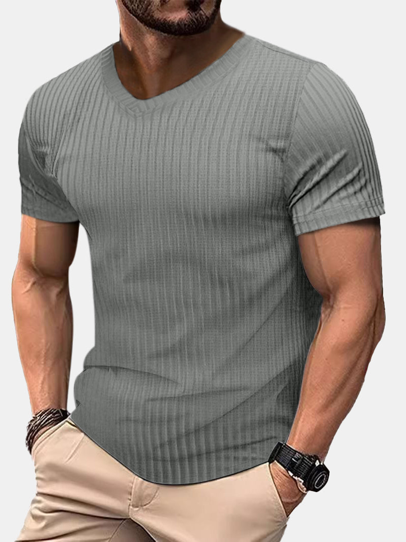 Men's Casual Daily Solid Color V-neck Vertical Strip Short-sleeved T-shirt