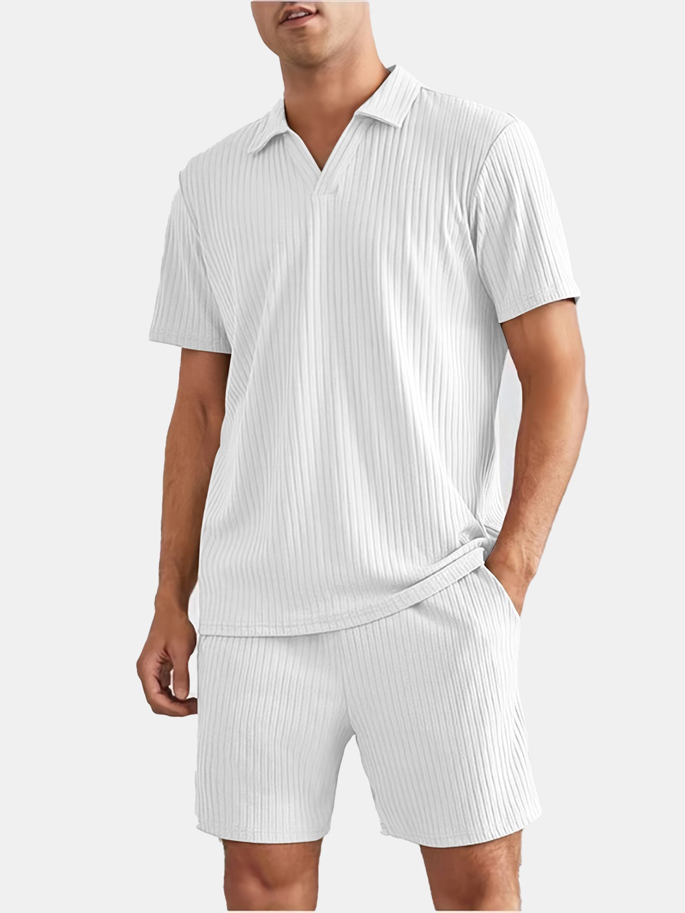 Men's Solid Color Loose Striped Short-sleeved Shorts Polo Suit