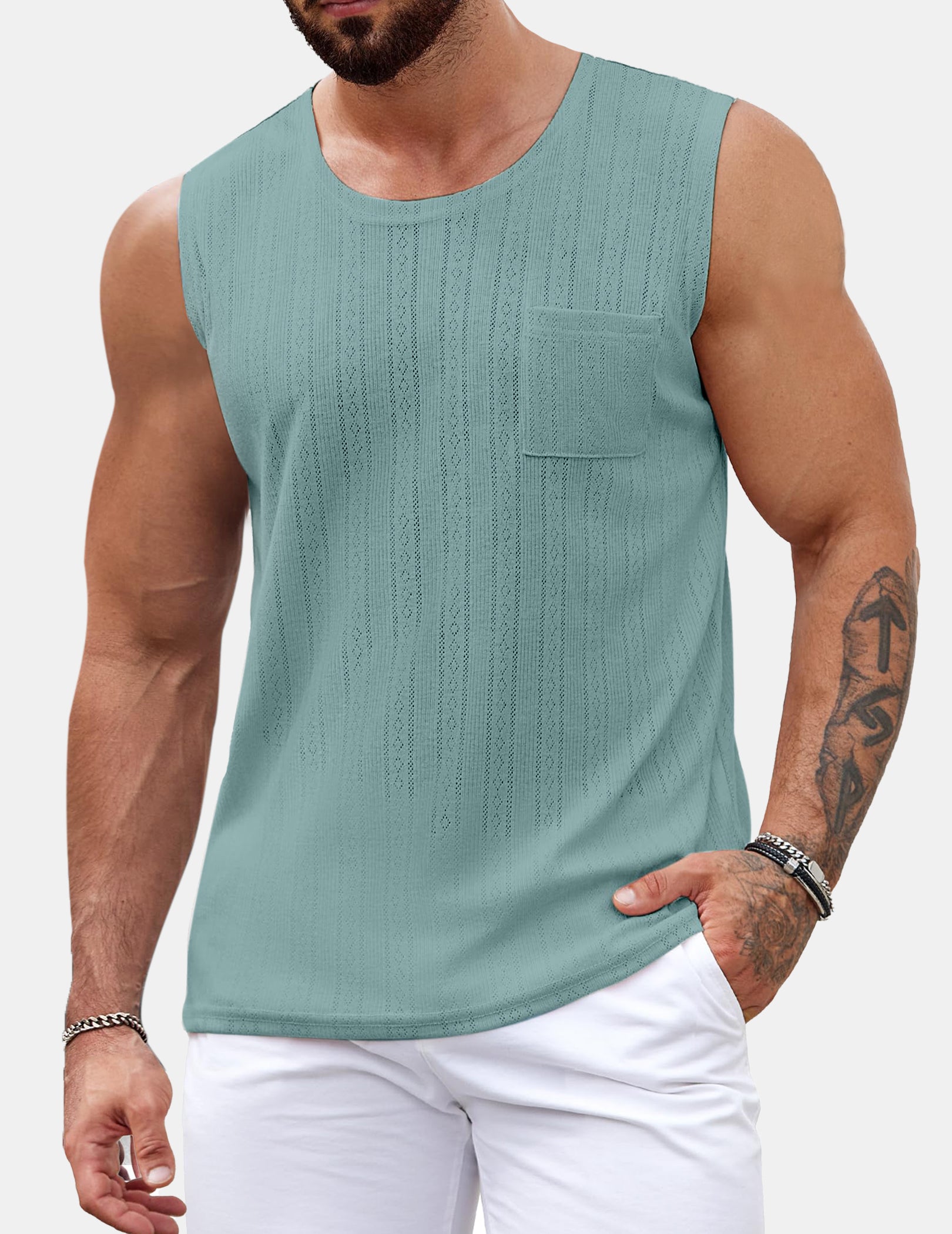 Men's Casual Knitted Vertical Stripe Pocket Sleeveless T-shirt