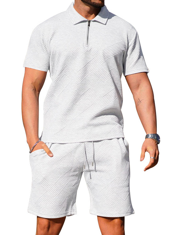 Men's Casual Short-sleeved Lapel T-shirt Textured Shorts Polo Shirt Two-piece Set