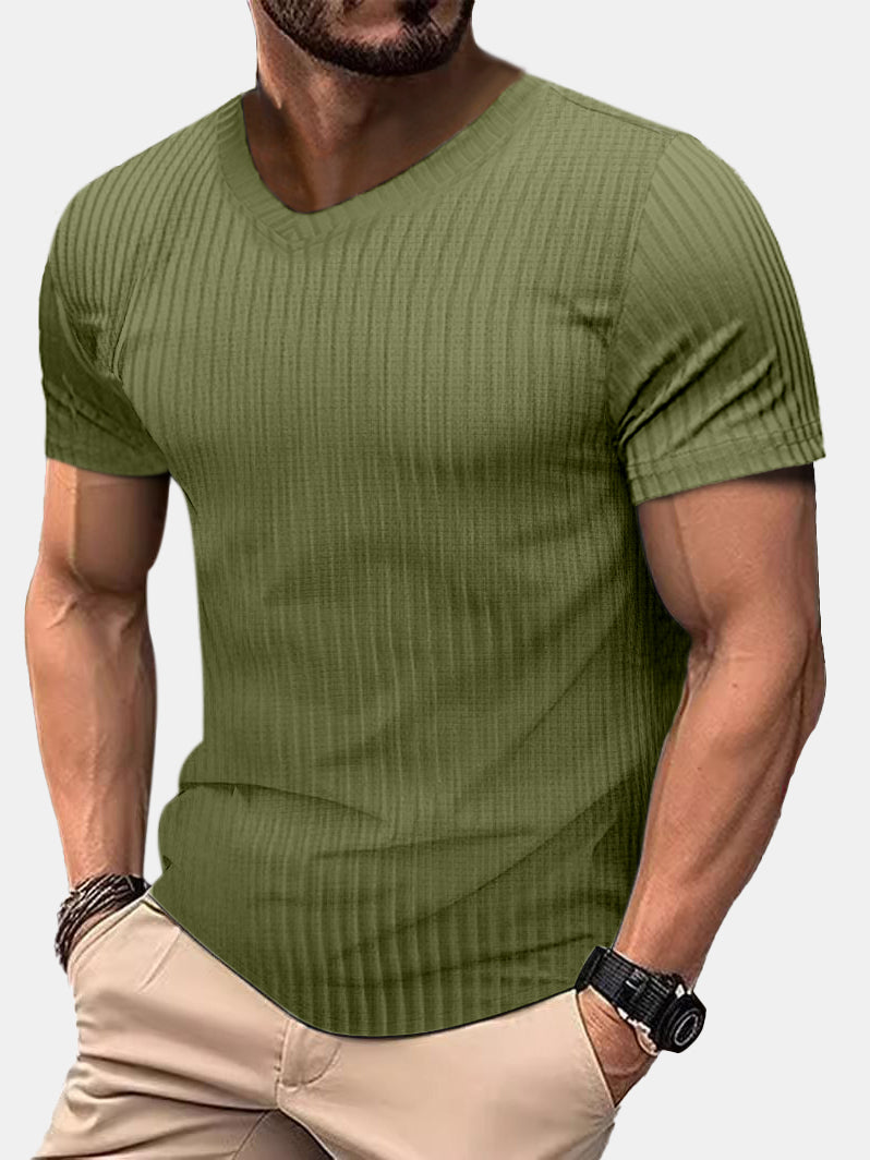 Men's Casual Daily Solid Color V-neck Vertical Strip Short-sleeved T-shirt