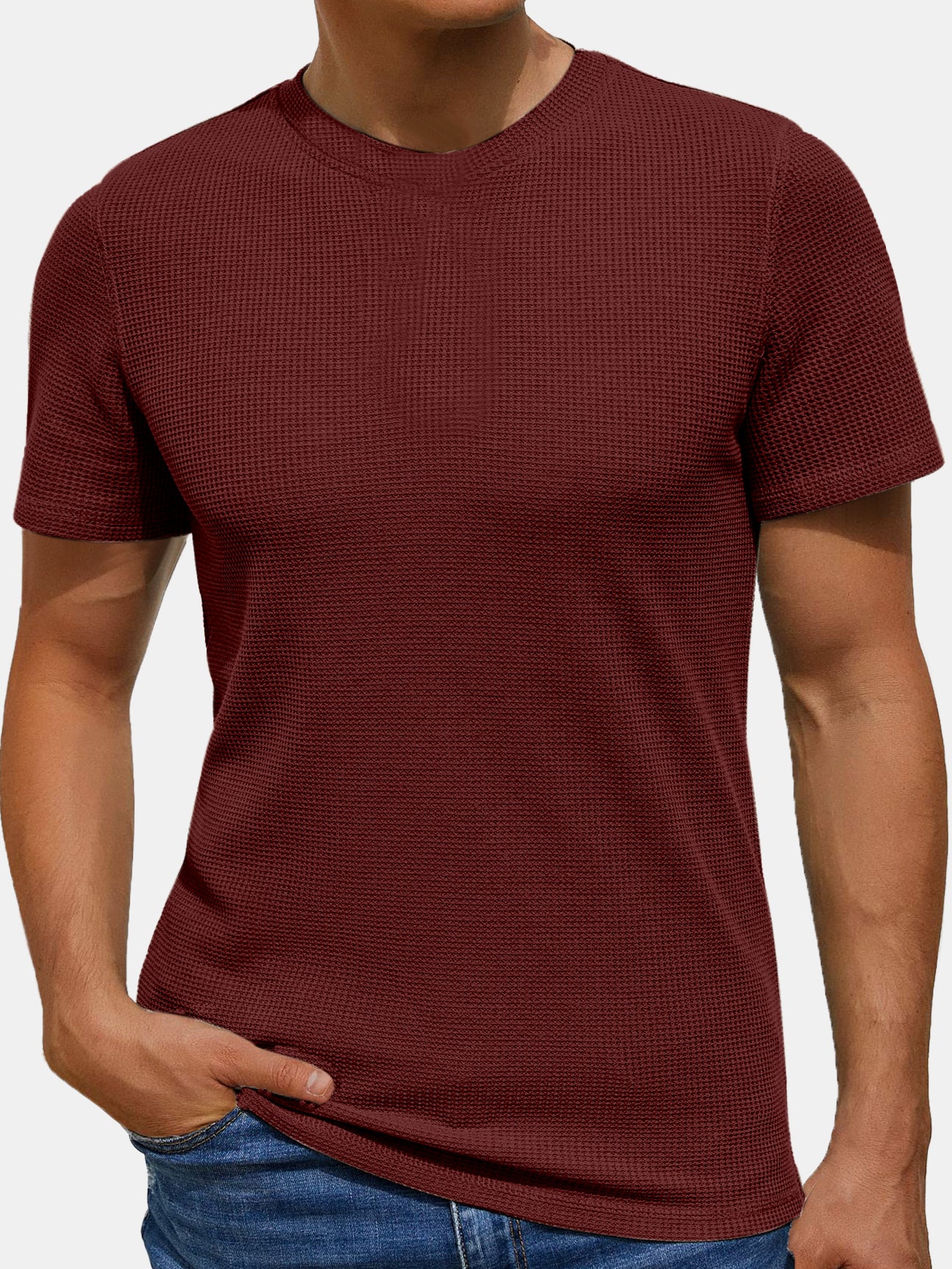 Men's Solid Color Waffle Loose Short Sleeve T-shirt