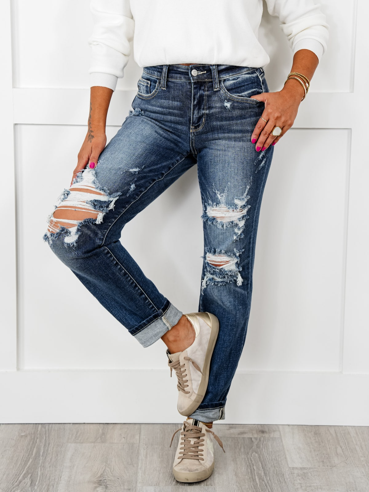 🎅Christmas Sale🎄Tummy Control Distressed Cuffed Boyfriend Jeans (Buy 2 Free Shipping)