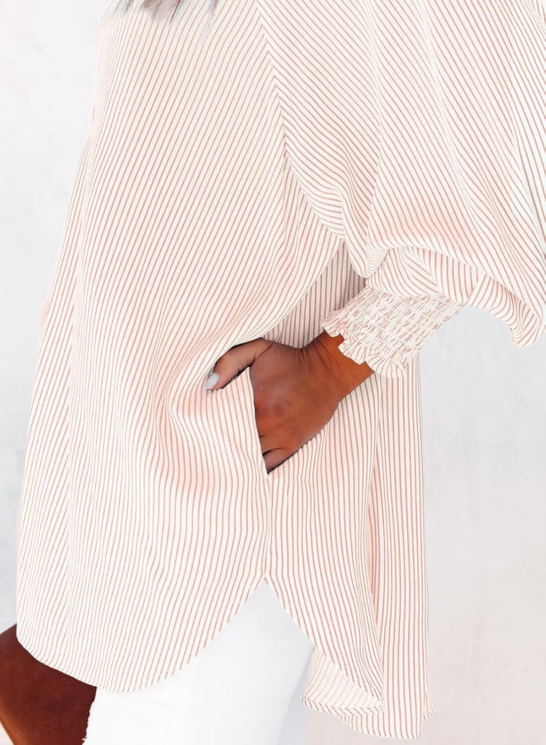 🔥Last day promotion🔥Women's pleated cuffs striped shirt with pockets and casual collar