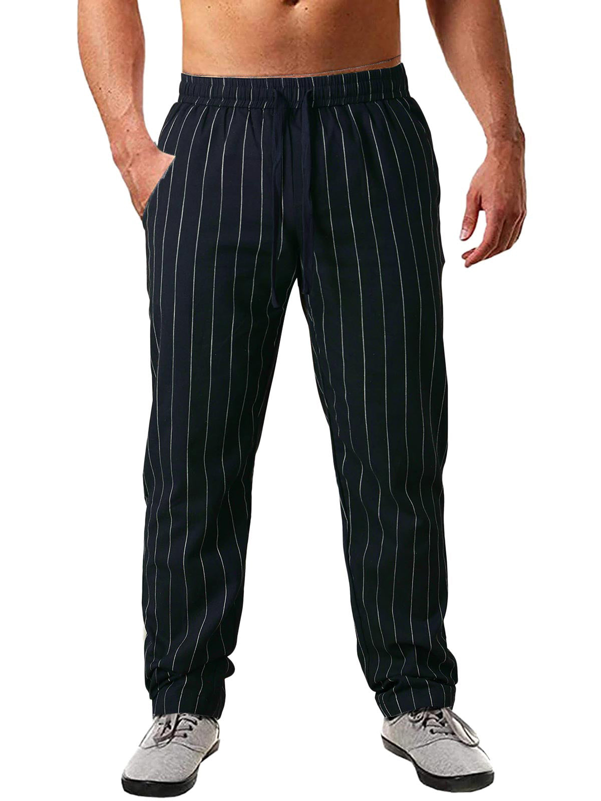 Men's Vertical Striped Tie Elastic Waist Cotton And Linen Beach Pants Casual Trousers