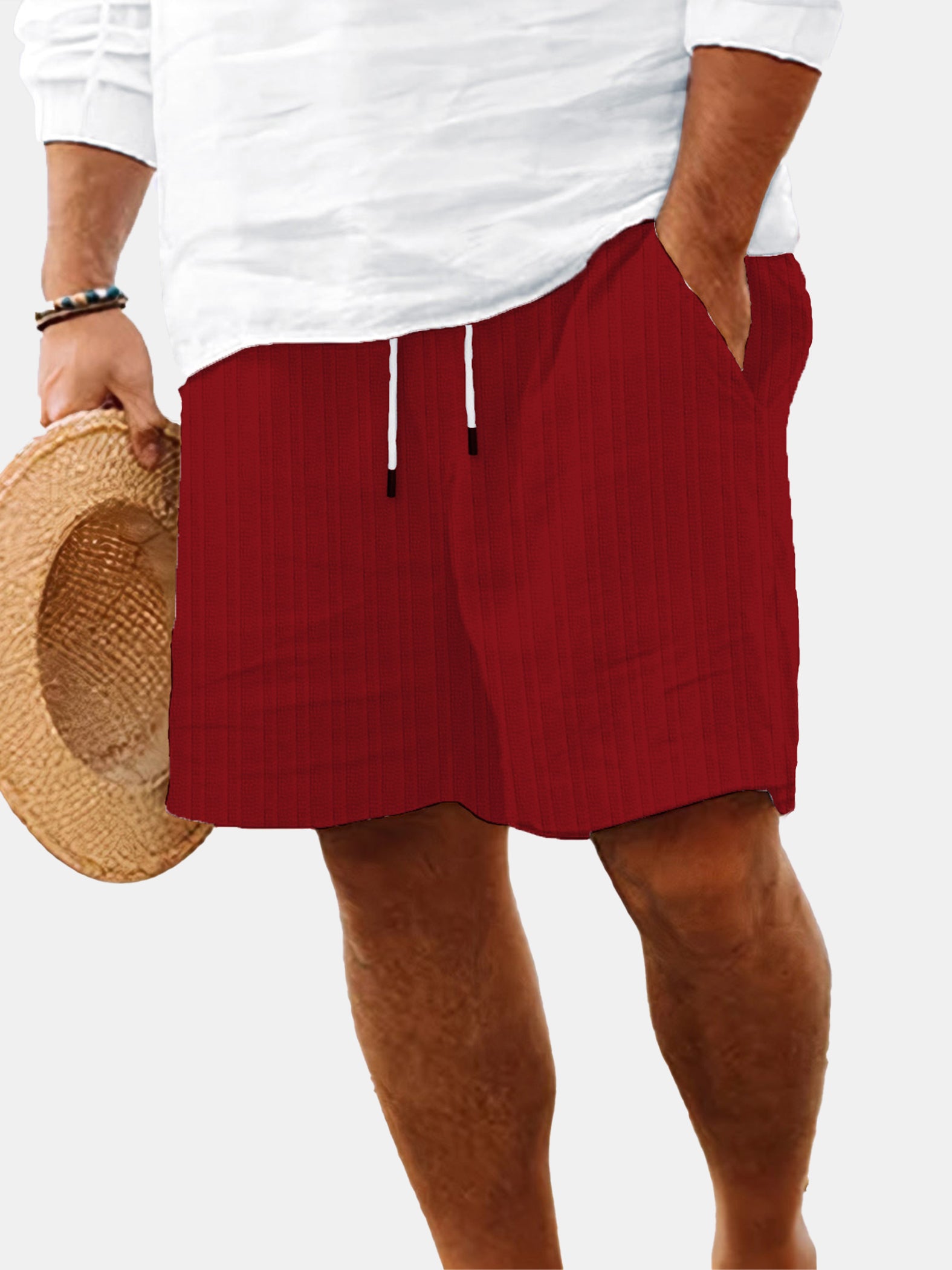 Men's Summer Solid Color Vertical Strip Casual Beach Shorts