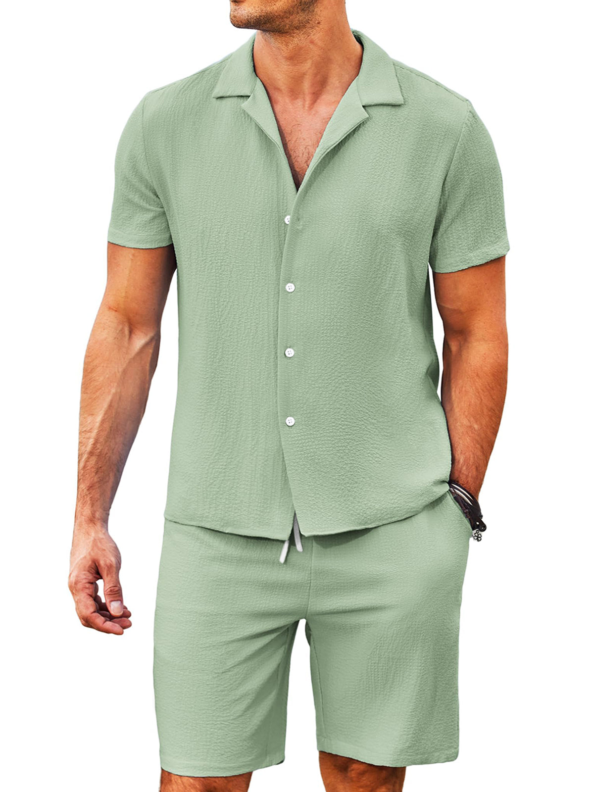 Men's Daily Comfortable Solid Color Puff Wrinkle Short Sleeve Shorts Set