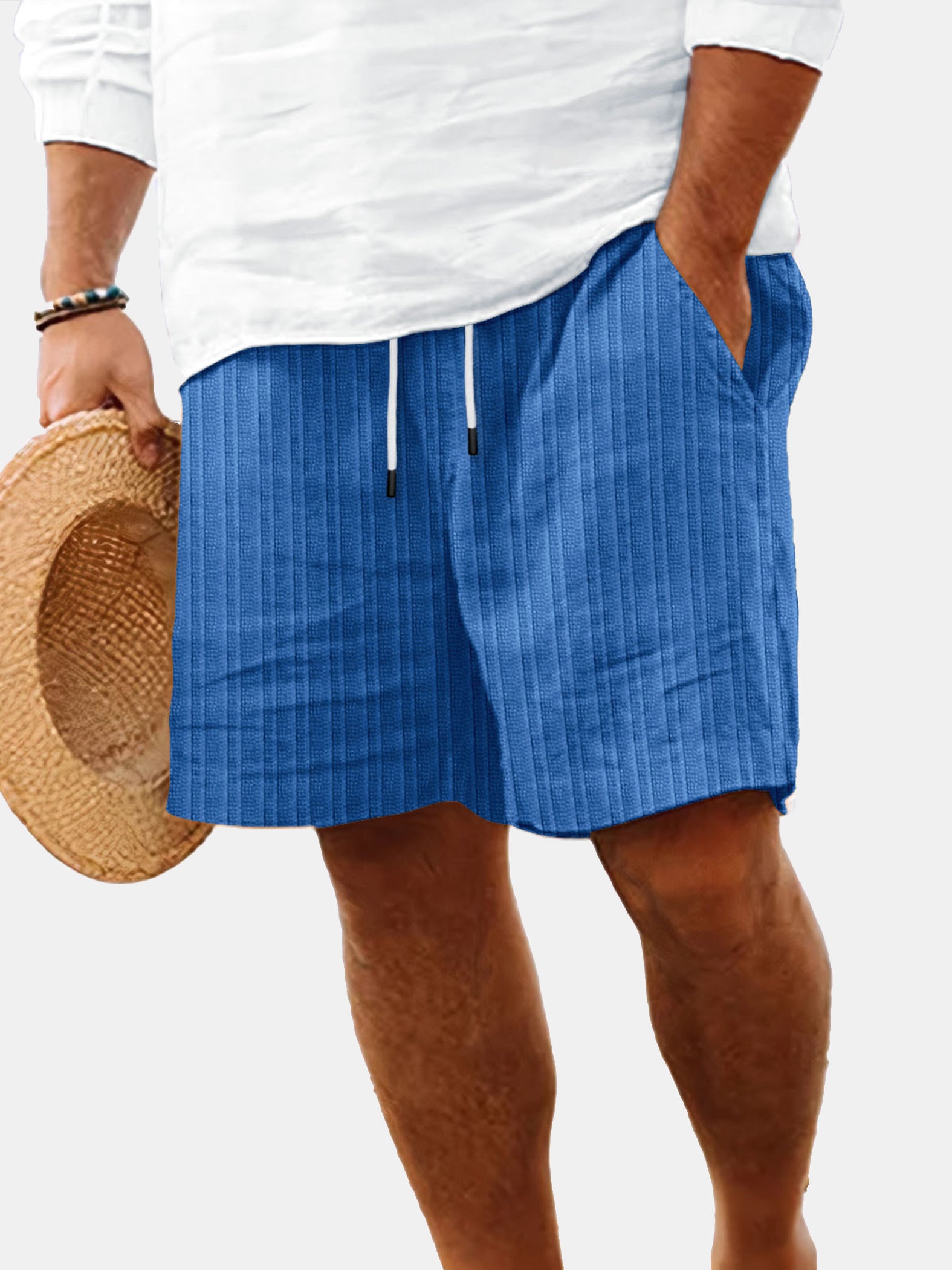 Men's Summer Solid Color Vertical Strip Casual Beach Shorts