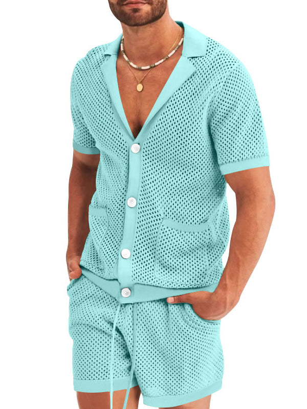 Men's Hollow Cool Solid Color Short Sleeve Suit