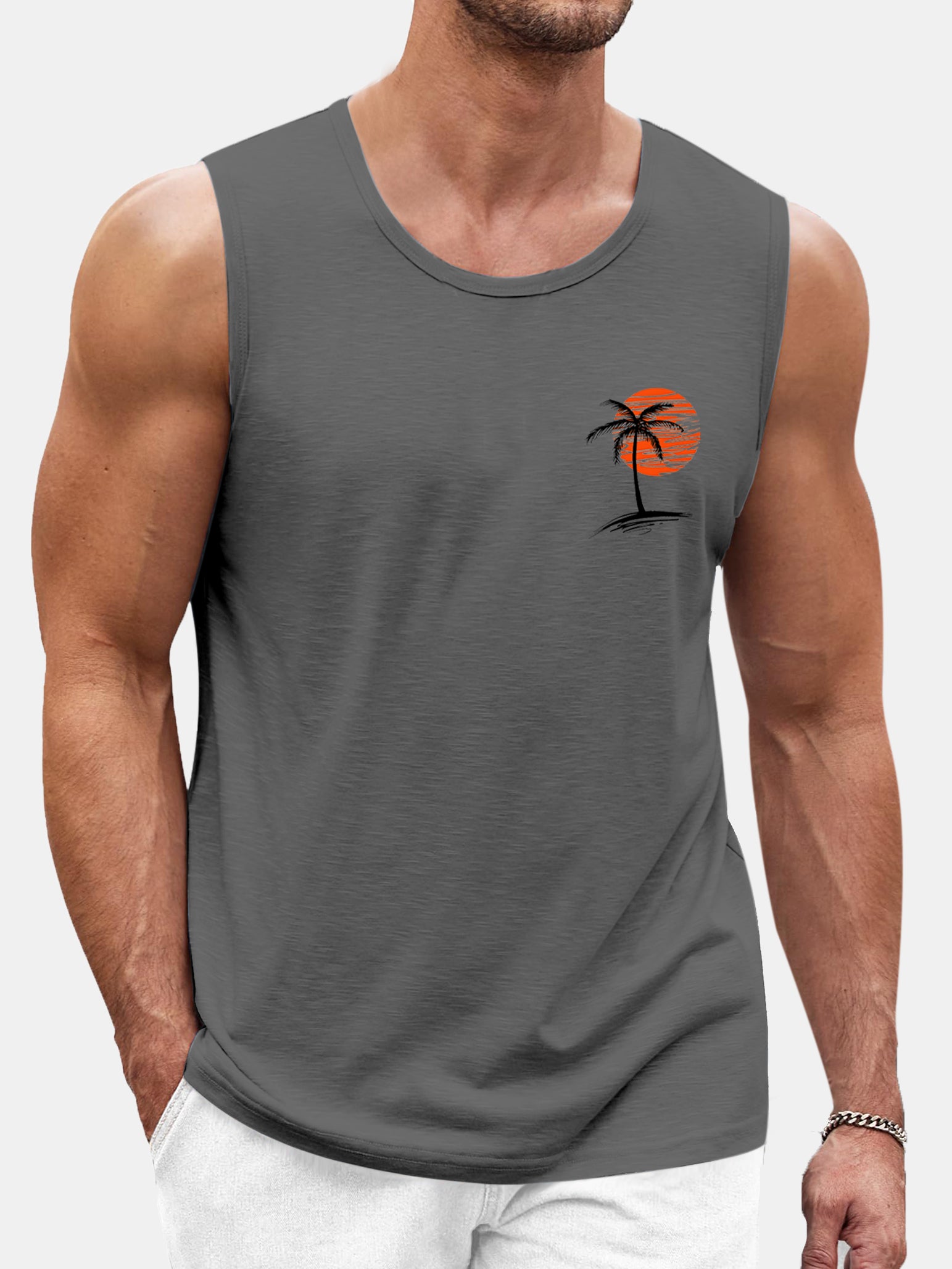 Men's Solid Color Hawaiian Coconut Print Comfortable Sleeveless T-shirt