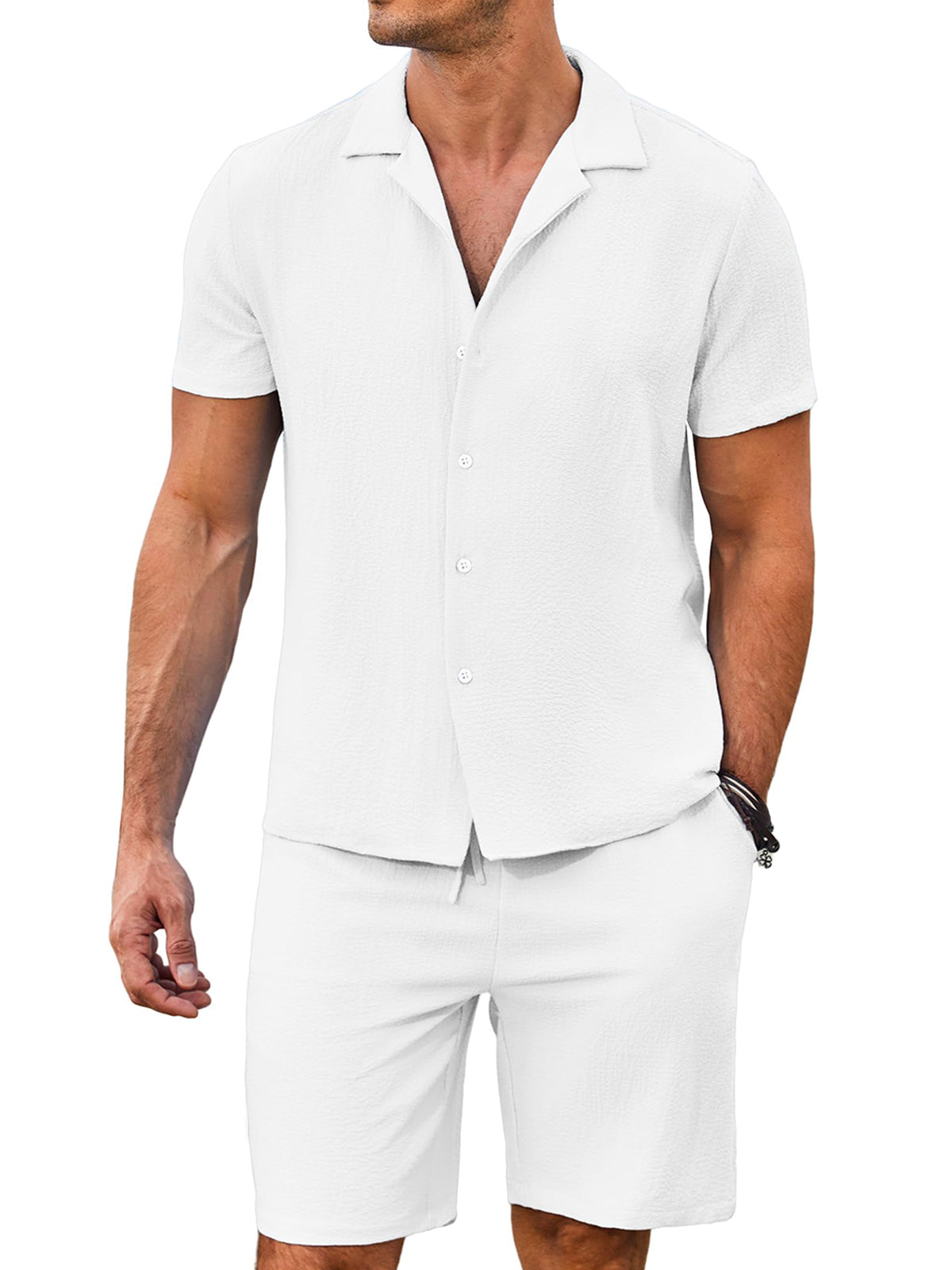 Men's Daily Comfortable Solid Color Puff Wrinkle Short Sleeve Shorts Set