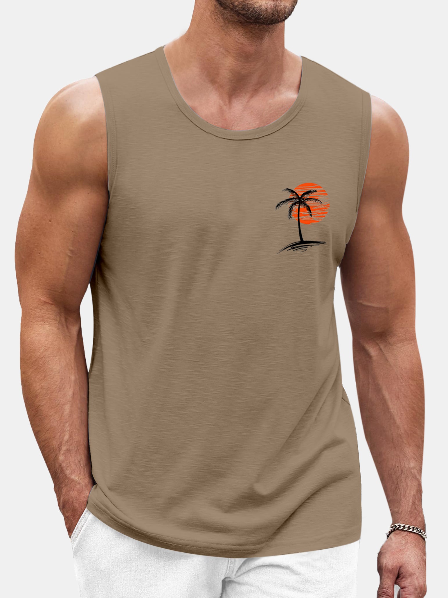 Men's Solid Color Hawaiian Coconut Print Comfortable Sleeveless T-shirt