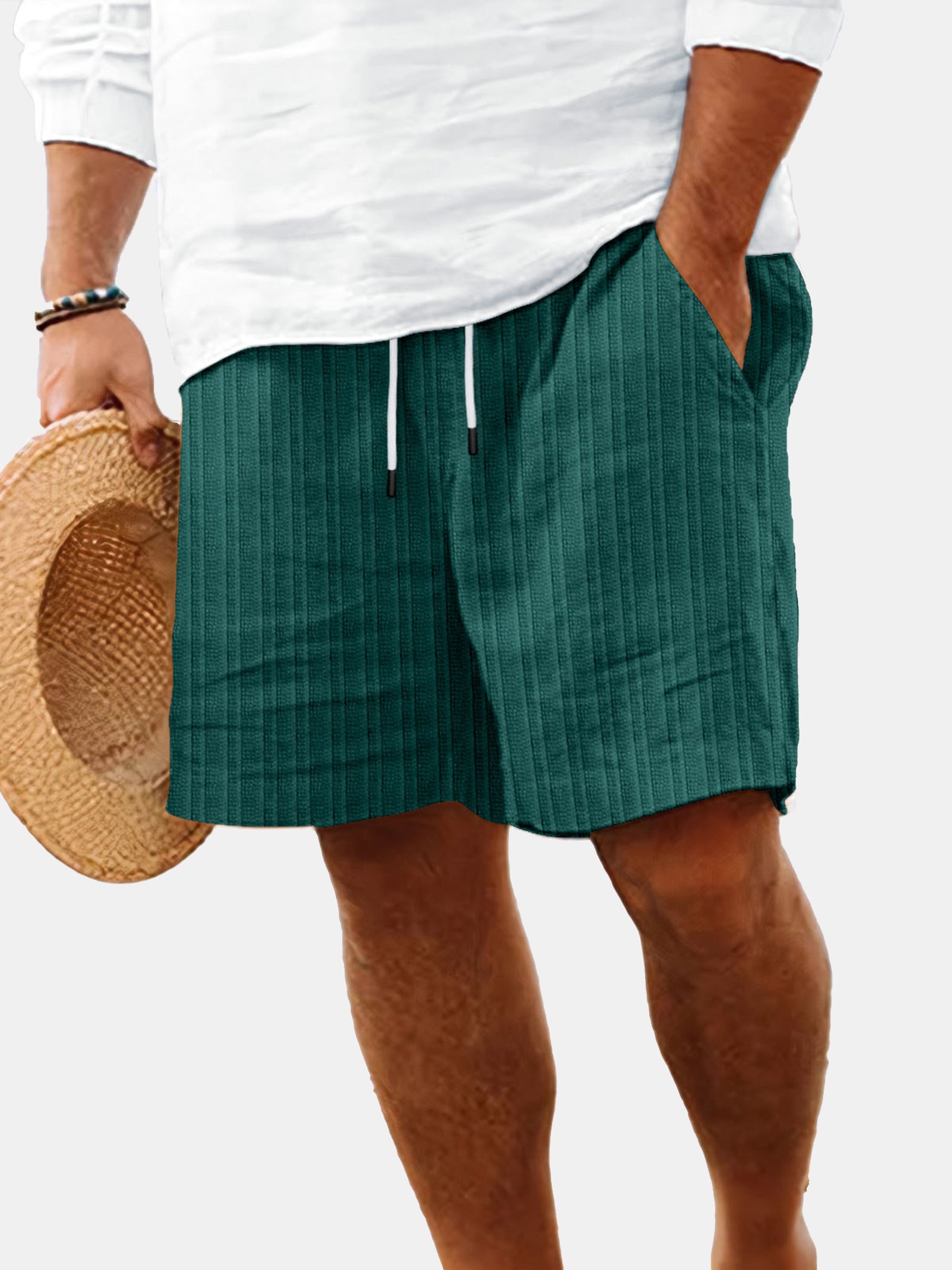 Men's Summer Solid Color Vertical Strip Casual Beach Shorts