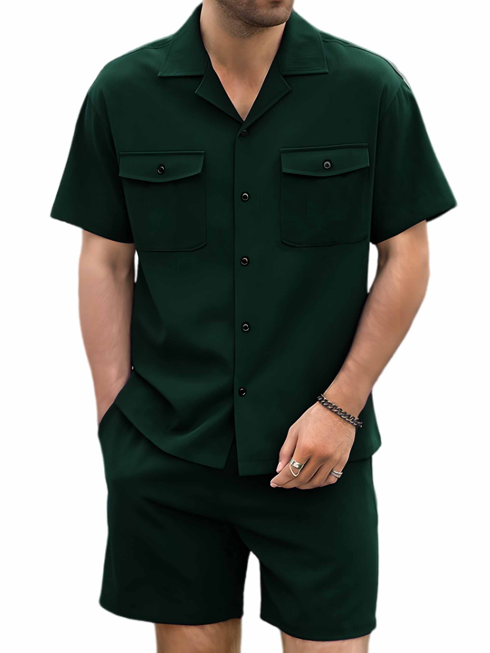 Men's Hawaiian Double Pocket Short Sleeve Shirt Shorts Two Piece Set