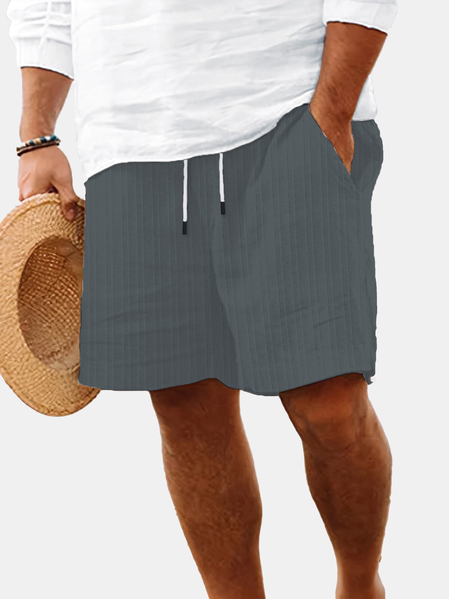 Men's Summer Solid Color Vertical Strip Casual Beach Shorts