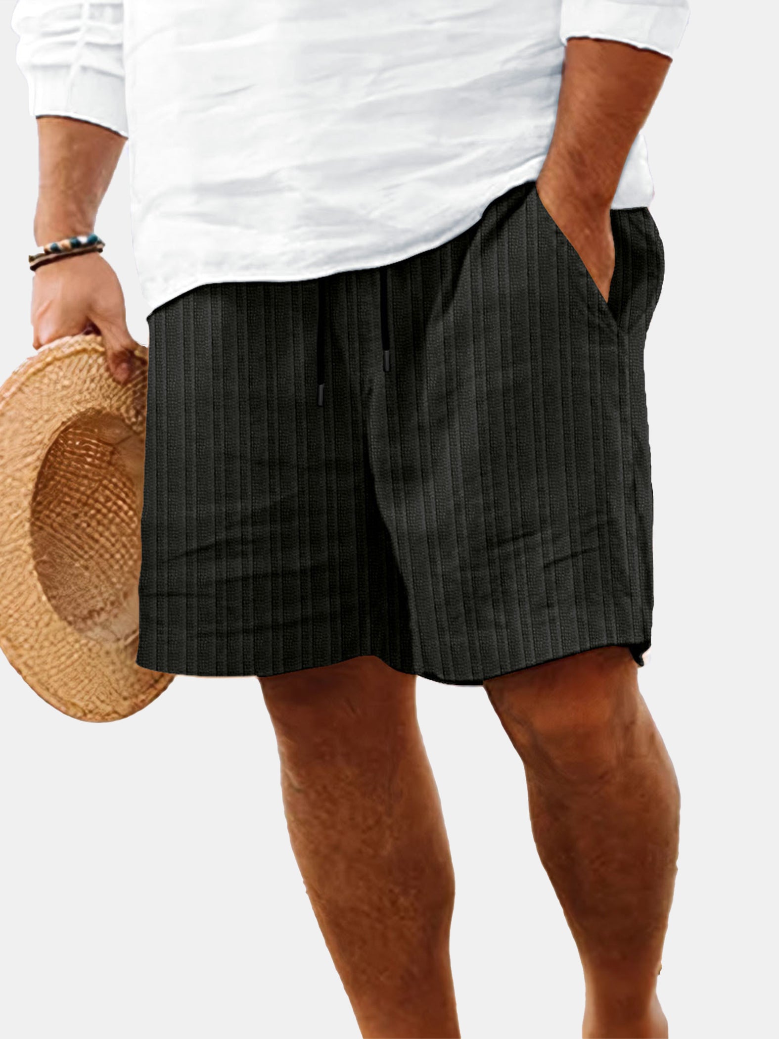 Men's Summer Solid Color Vertical Strip Casual Beach Shorts