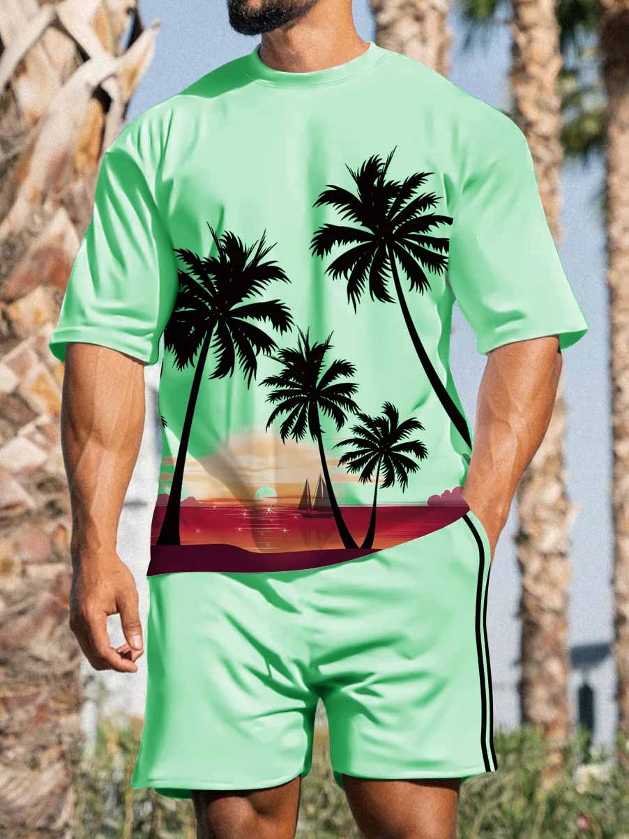 Men's Hawaiian coconut print short-sleeved T-shirt shorts two-piece set