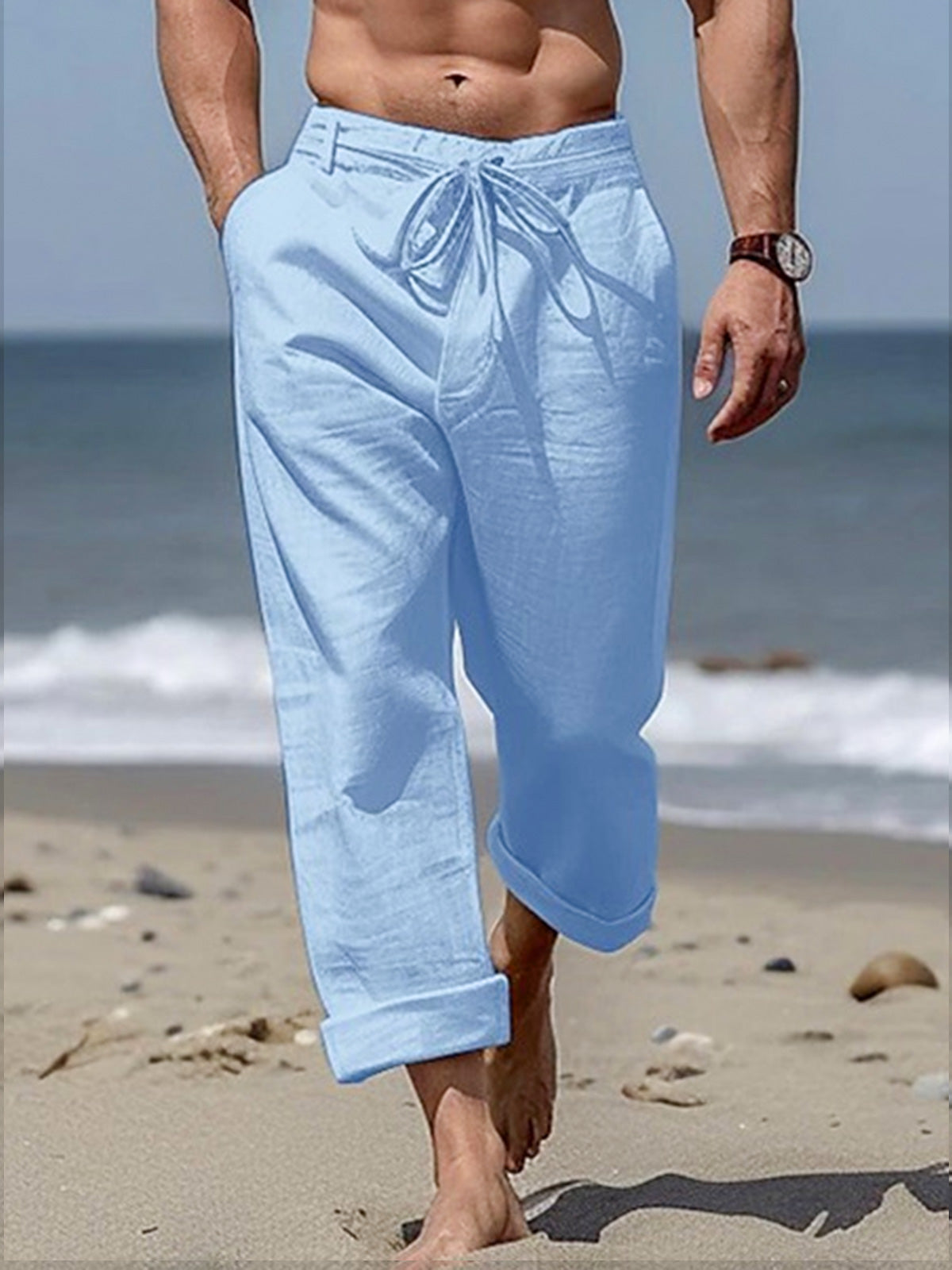 Men's cotton and linen drawstring loose pocket trousers