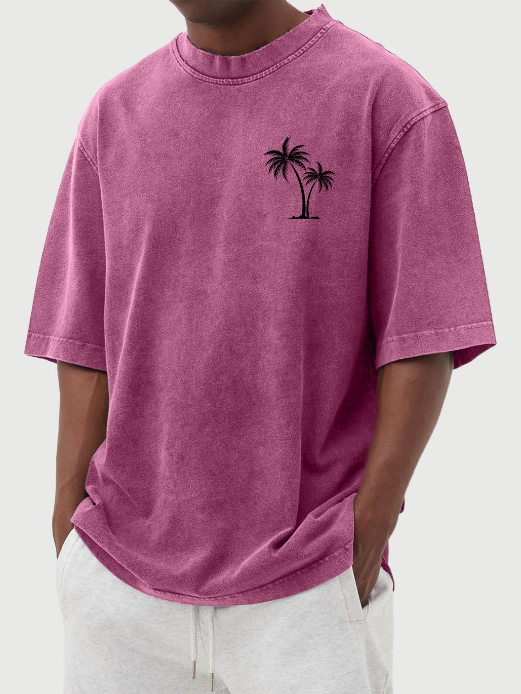 Men's Vintage Washed Palm Tree Print Short Sleeved Round Neck T-shirt