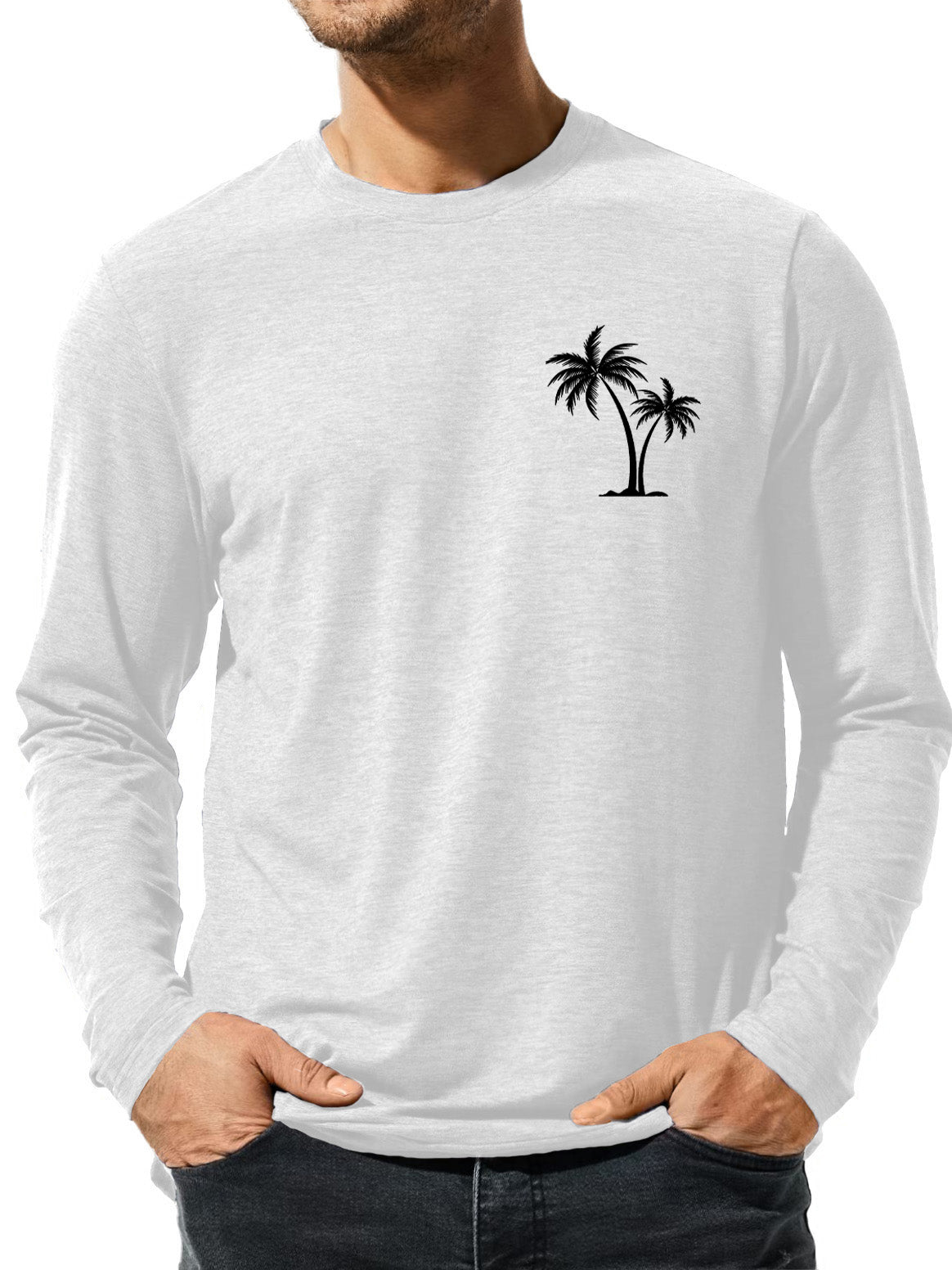 Men's Solid Color Coconut Palm Tree Printed Casual Long Sleeve T-Shirt