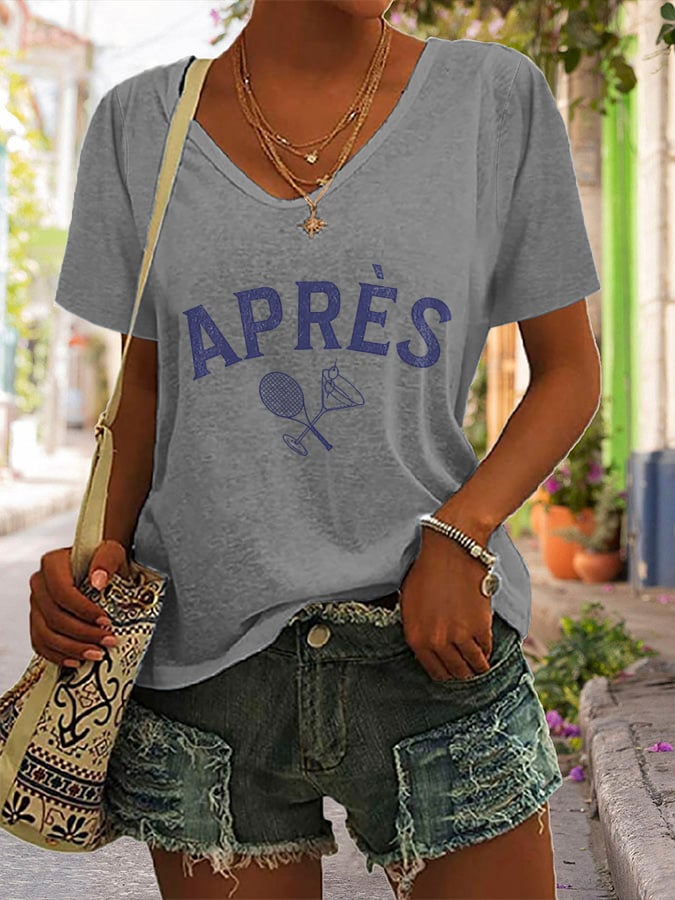 Women's Apres Tennis Printed V-Neck T-Shirt