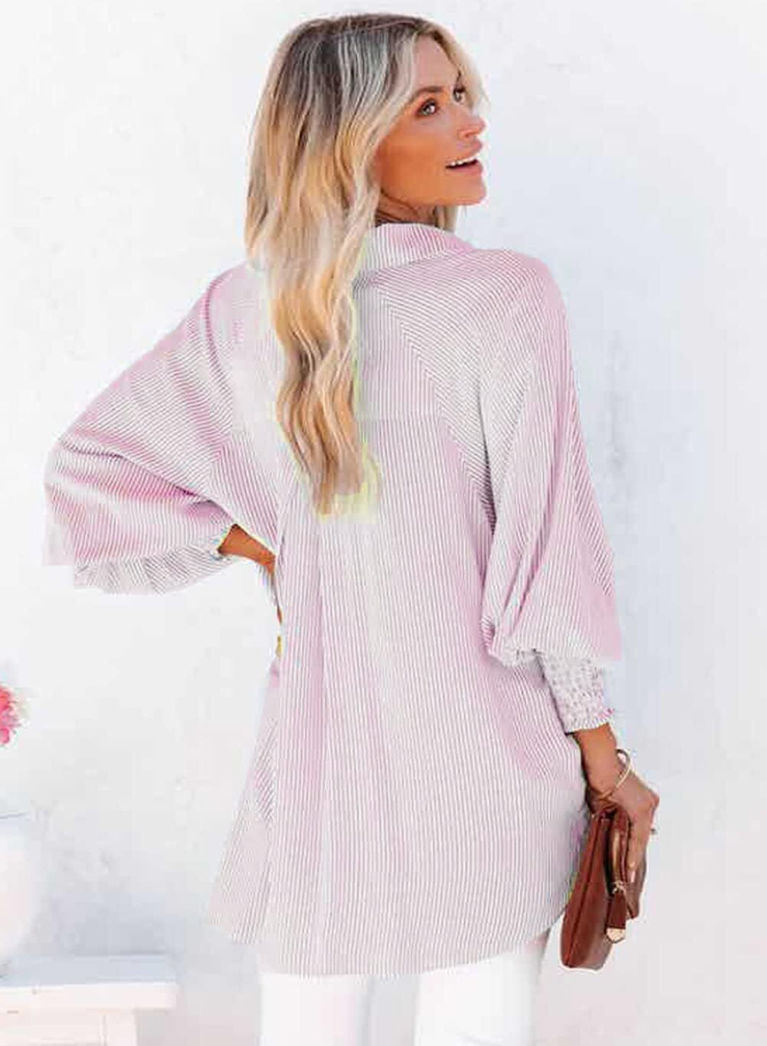 🔥Last day promotion🔥Women's pleated cuffs striped shirt with pockets and casual collar