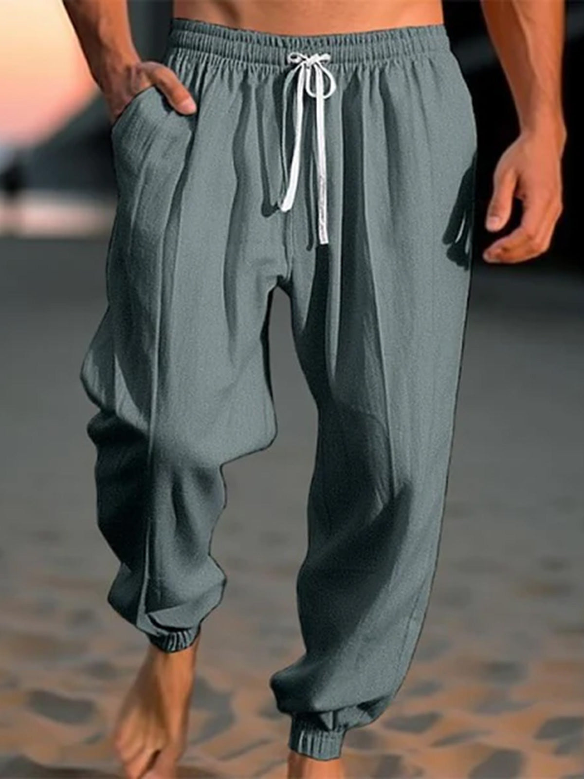 Men's cotton and linen drawstring loose casual trousers