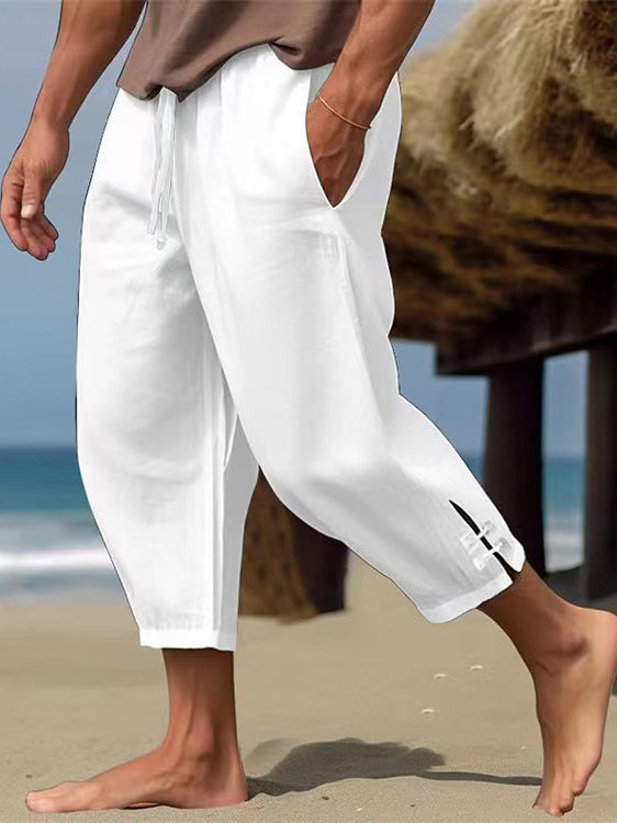 Men's Solid Color Linen Buckle Casual Trousers