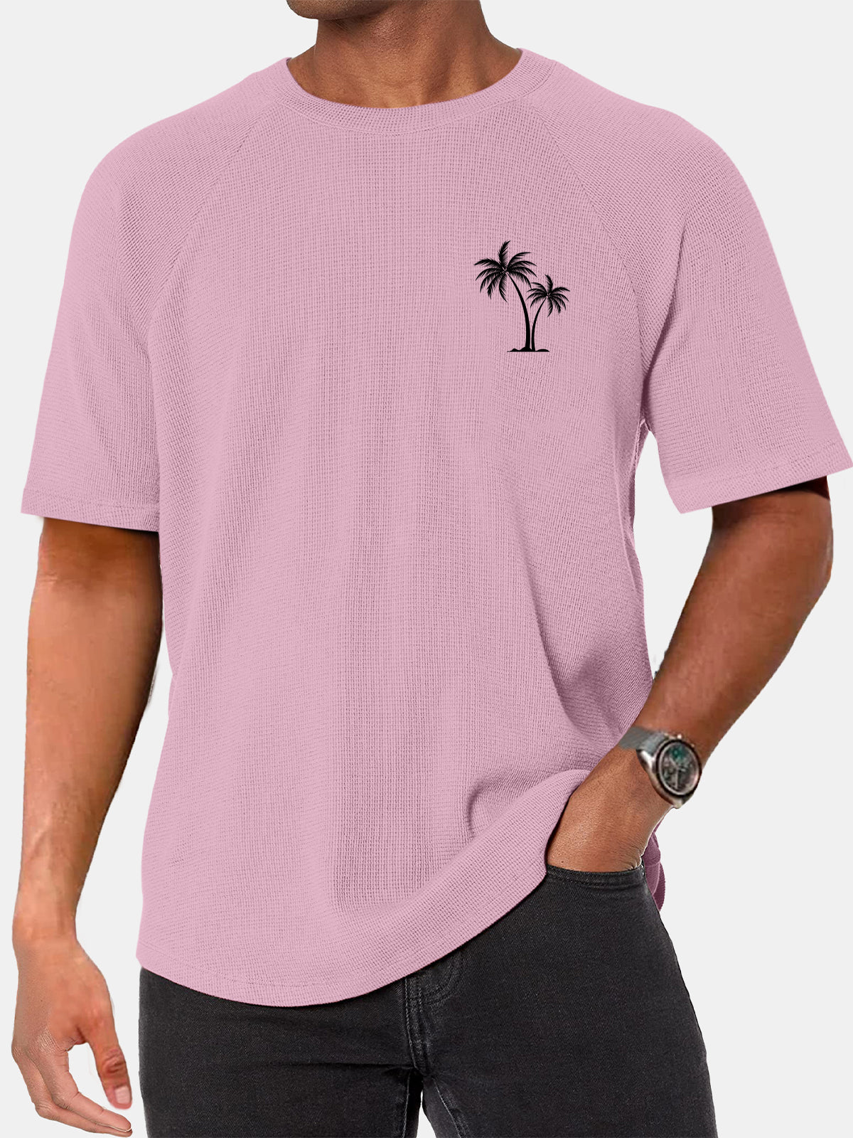 Men's Simple Hawaiian Coconut Print Waffle Raglan Short Sleeve T-shirt