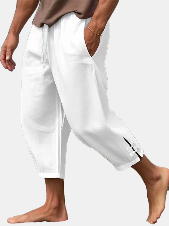 Men's Solid Color Linen Buckle Casual Trousers