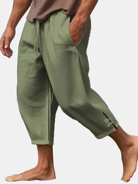 Men's Solid Color Linen Buckle Casual Trousers