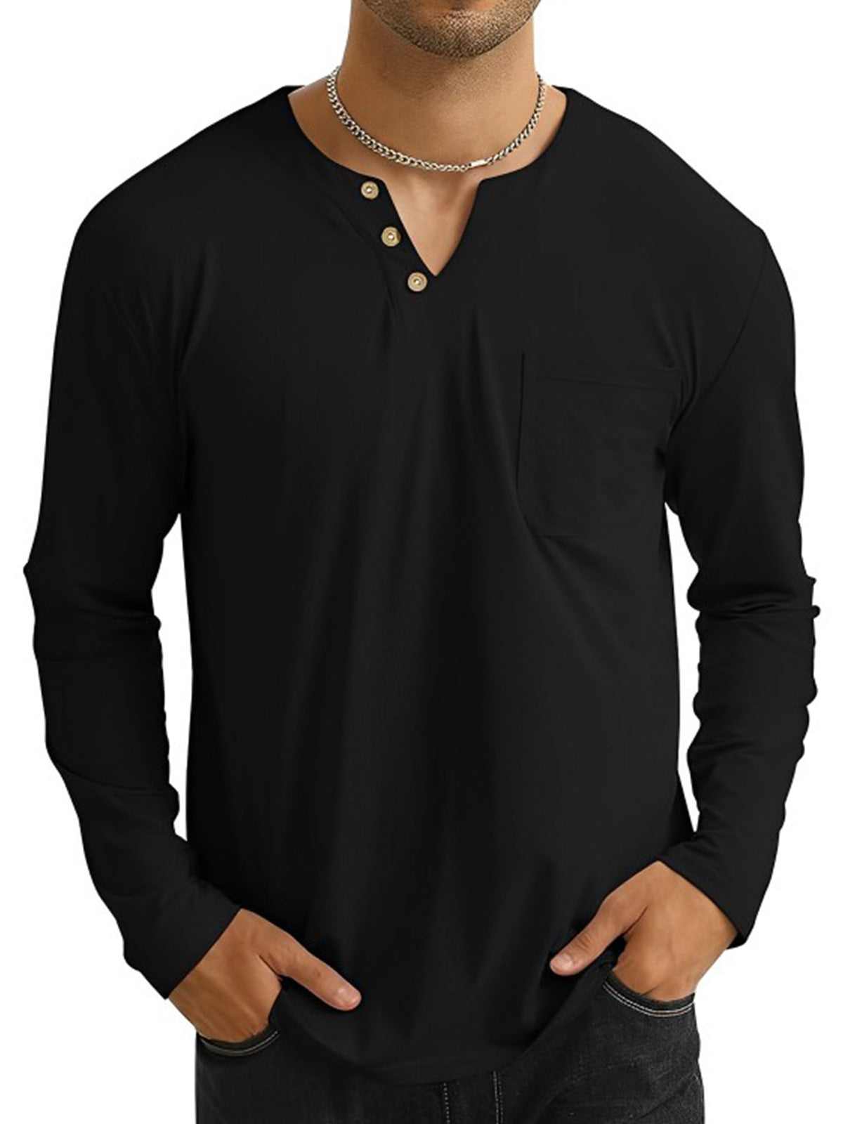 Men's v-neck button pocket long sleeve t-shirt top