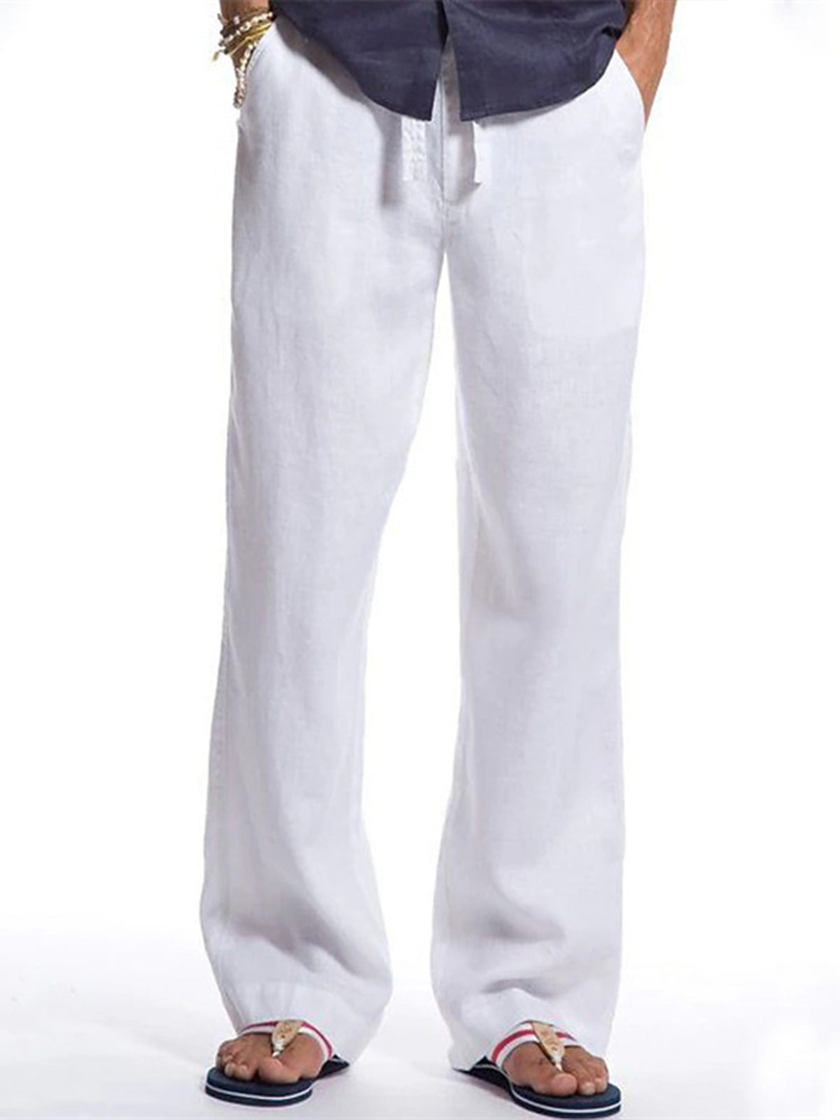 Men's cotton and linen solid color loose casual drawstring straight trousers