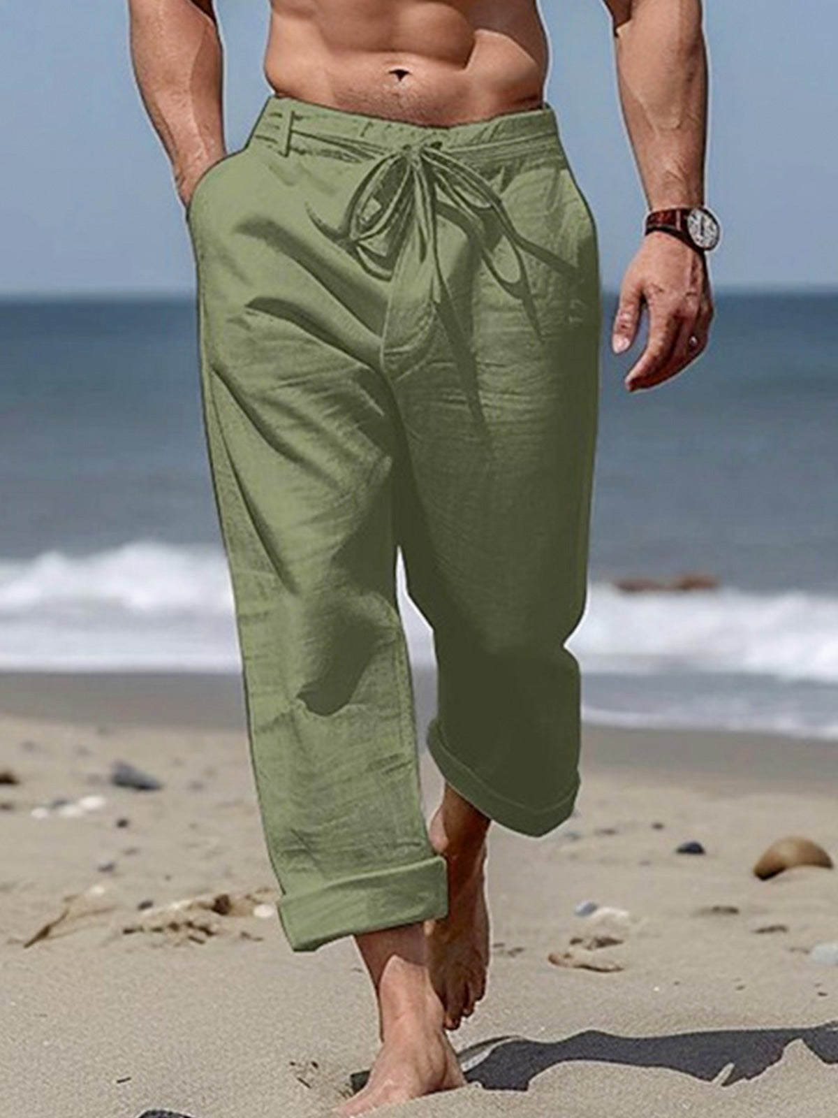 Men's cotton and linen drawstring loose pocket trousers