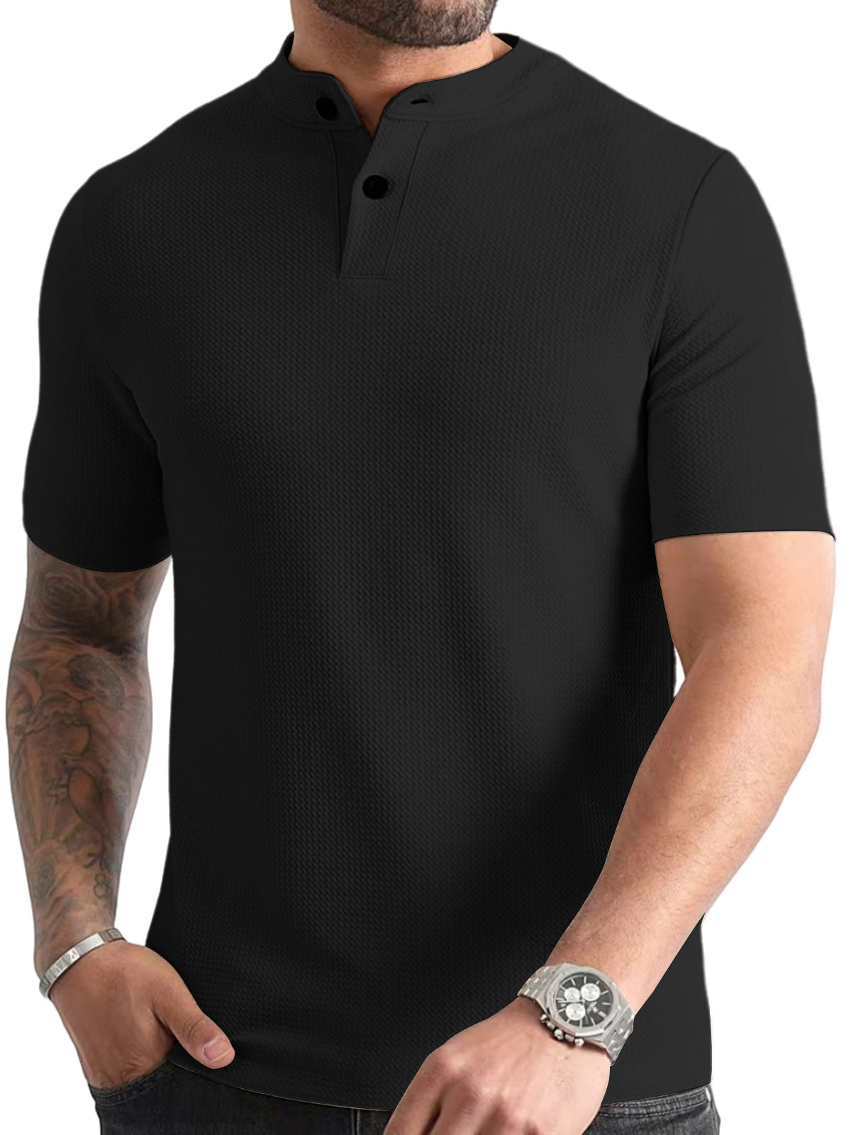 Men's simple texture solid color Henley short-sleeved T-shirt