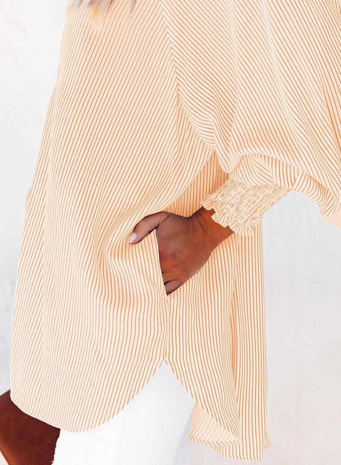 🔥Last day promotion🔥Women's pleated cuffs striped shirt with pockets and casual collar