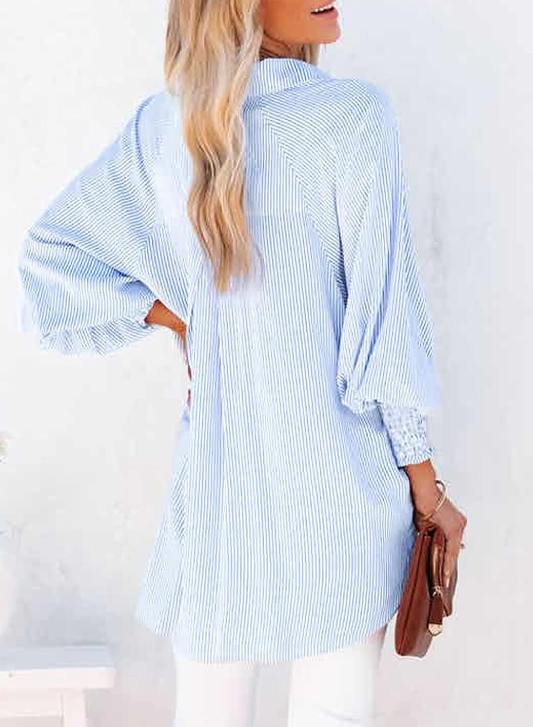 🔥Last day promotion🔥Women's pleated cuffs striped shirt with pockets and casual collar