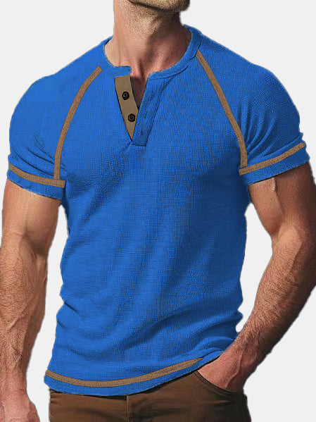 Men's Summer Solid Color Waffle Casual Sports Short Sleeve Henley T-shirt