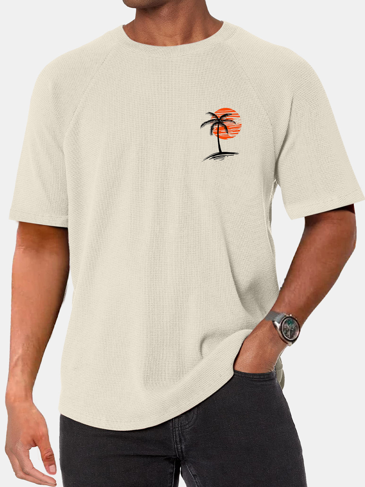 Men's Simple Hawaiian Coconut Sunset Print Waffle Raglan Short Sleeve T-shirt