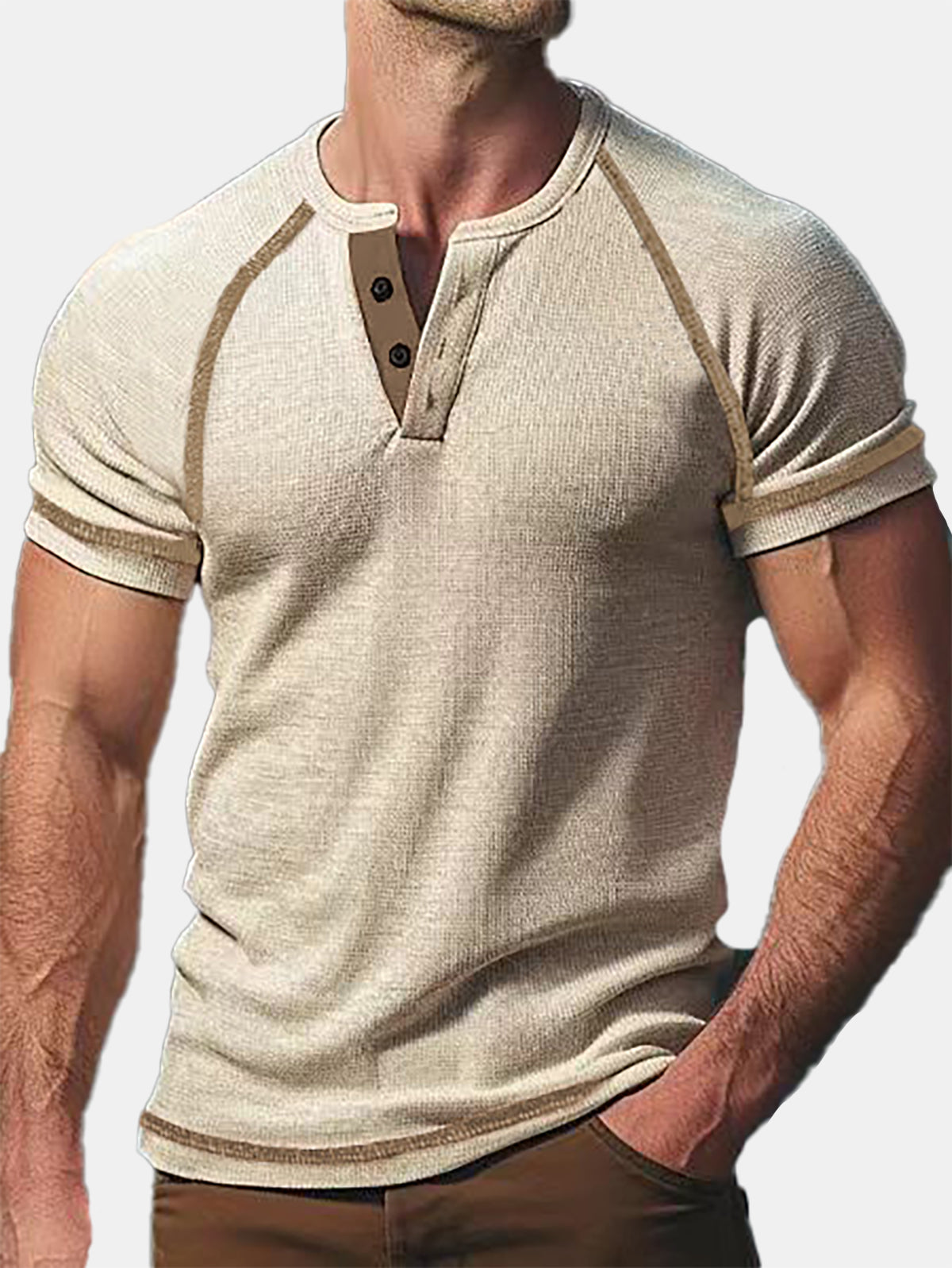 Men's Summer Solid Color Waffle Casual Sports Short Sleeve Henley T-shirt