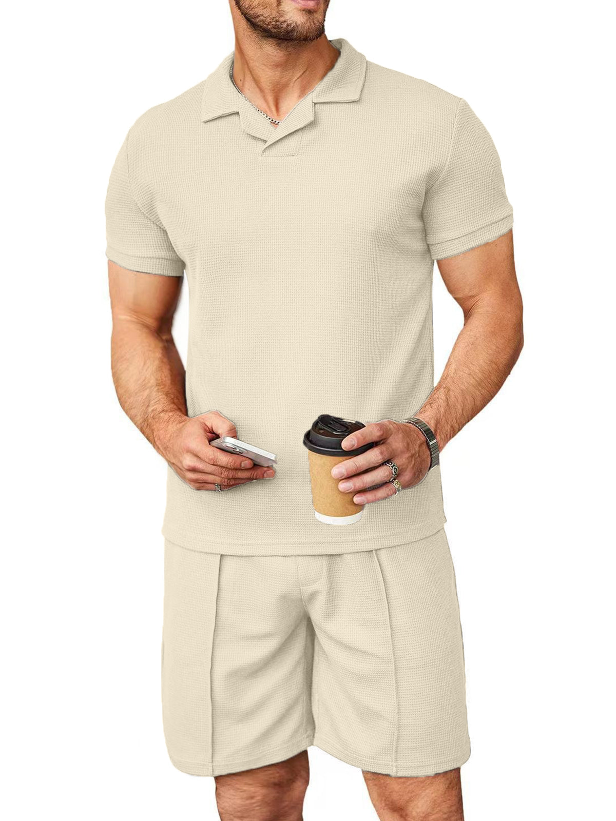 Men's Casual Solid Color Waffle V-neck Short Sleeve Shorts Suit