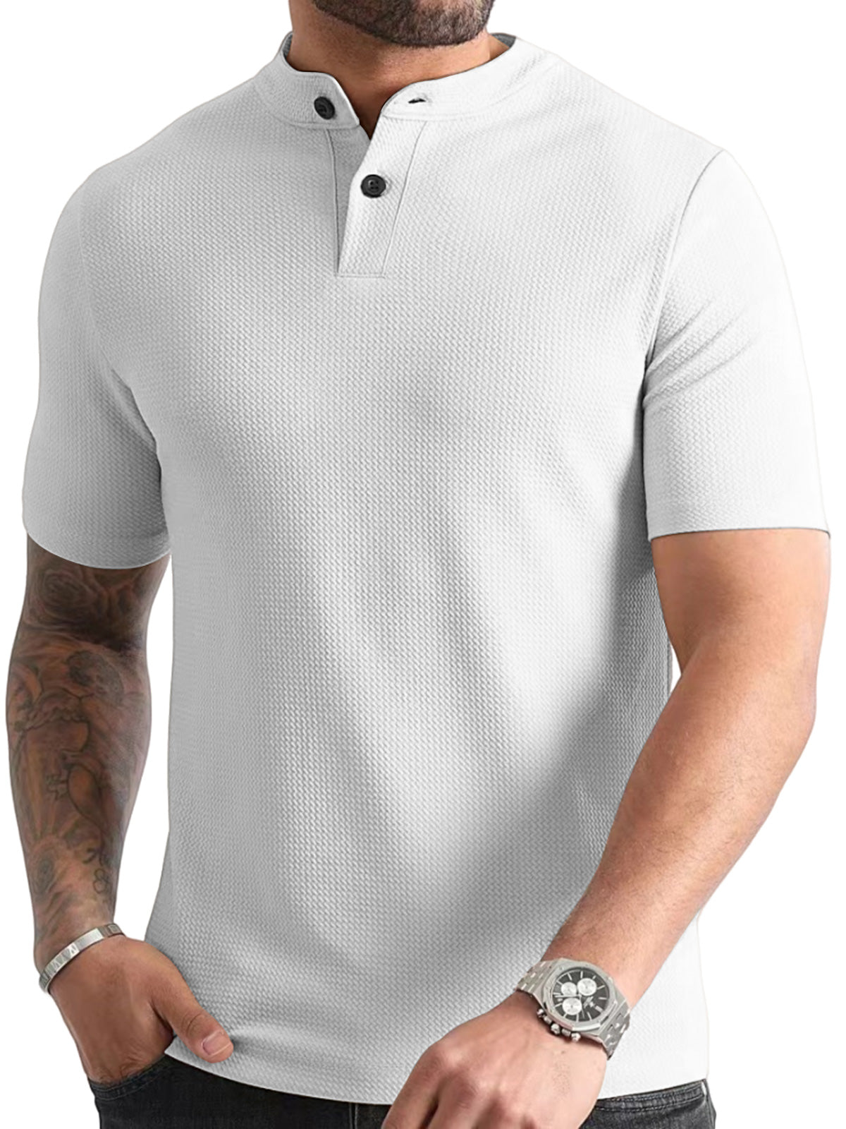 Men's simple texture solid color Henley short-sleeved T-shirt